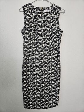 Calvin Klein Black & White Patterned Midi Sheath Dress Size 8